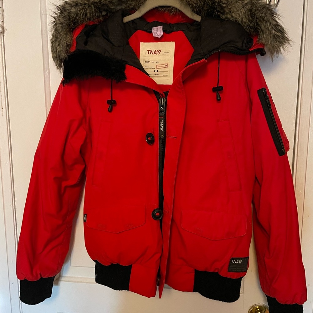 TNA Red Duck Down Filled Puffer Jacket with Faux Fur Hood